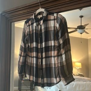 Blue and pink plaid button down shirt, size small, good condition.